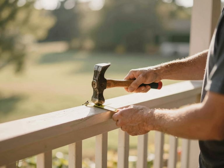 Close-up of a volunteer holding a wooden hammer and measuring tape, working on a porch railing under warm natural sunlight