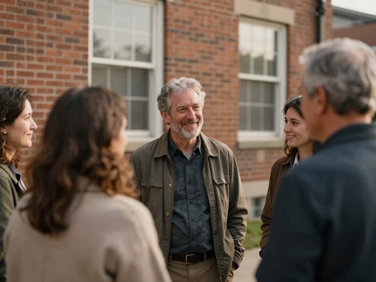 Candid medium shot of community leaders talking warmly outside a local brick building, soft natural window light, rich earthy tones, 35mm film feel.