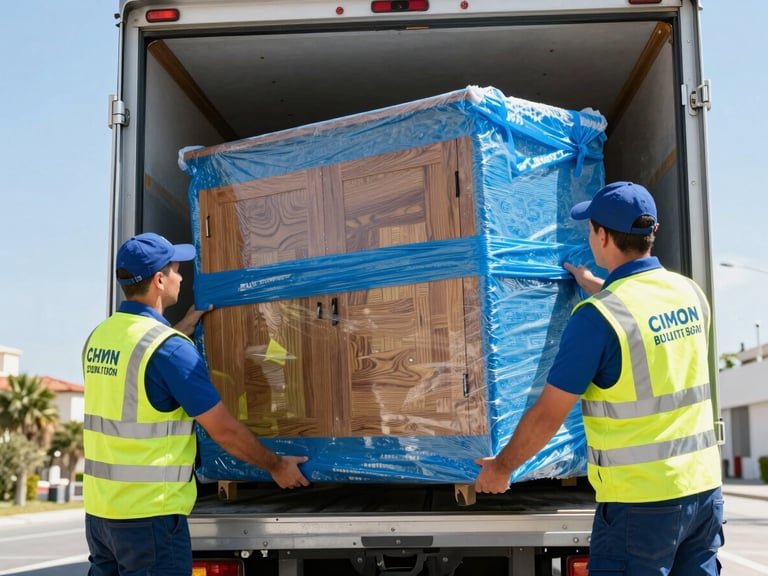 Professional moving crew in matching uniforms carefully loading a heavy wooden cabinet wrapped in protective blue bubble wrap into a clean transport truck, bright daylight, action shot
