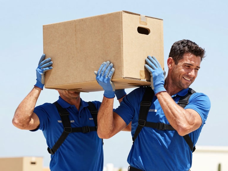 Two strong professional porters wearing matching blue uniforms and safety gloves lifting a heavy crate together using professional lifting straps, bright outdoor lighting, close-up action