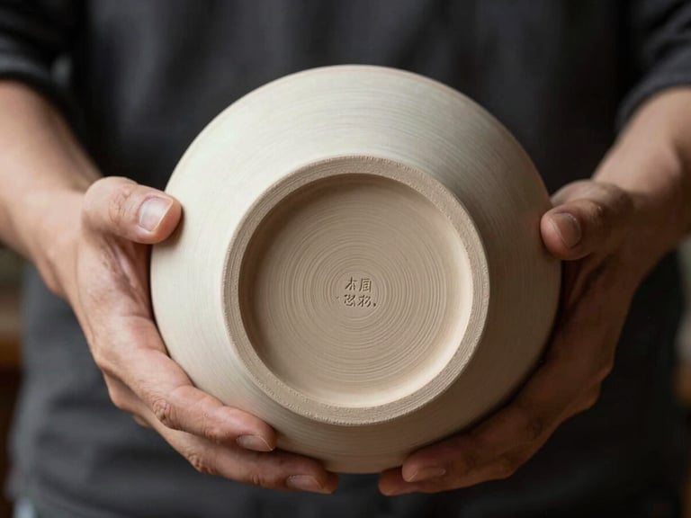 Hands holding a raw, unboxed ceramic vessel under harsh studio light, showing the unglazed bottom and manufacturer stamp.