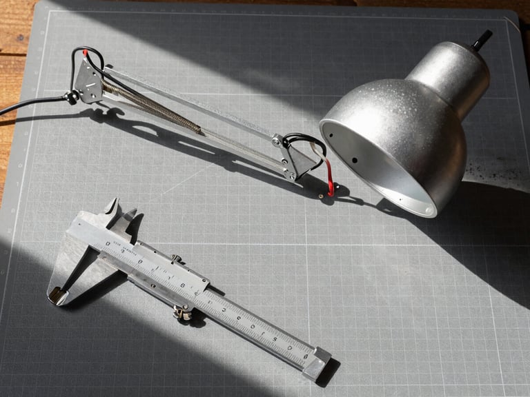Top-down flat lay of a disassembled aluminum desk lamp on a gray cutting mat, exposed wiring, caliper tool measuring the base, harsh sunlight with sharp shadows.