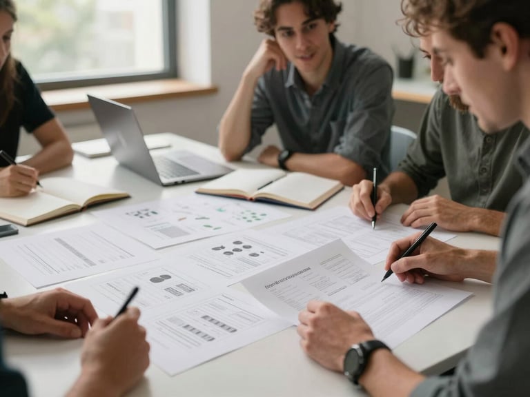 Wide shot of a Pomodoro team member reviewing printed content layouts spread across a table, open notebook beside a laptop, natural side window light, mid-conversation candid, no posed smiles