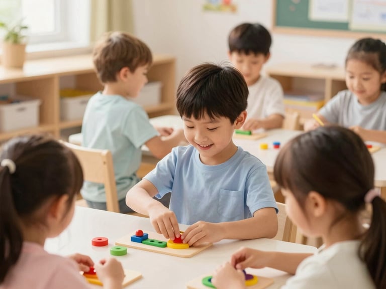 Medium shot of happy pre-school children playing with colorful educational toys in a bright classroom, natural daylight, warm smiles, soft golden accents.