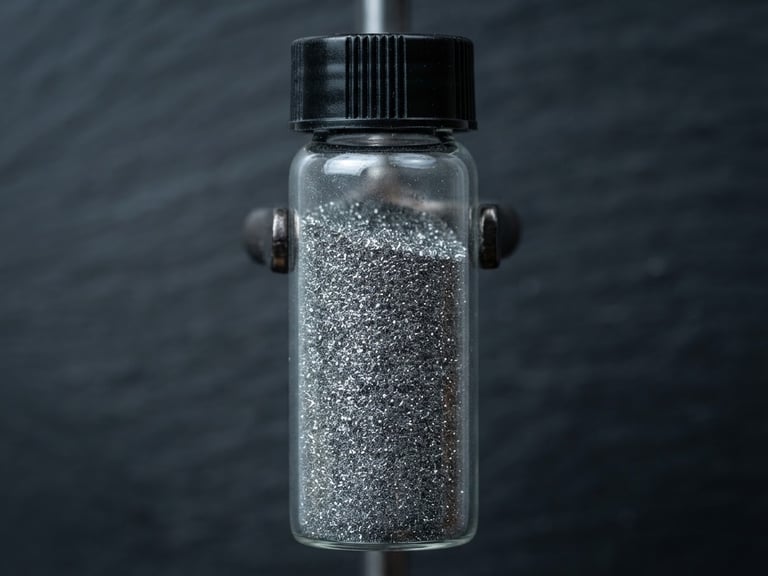Macro studio shot of high-purity titanium powder in a sealed glass vial, cool clinical lighting, sharp metallic reflections, dark slate background.