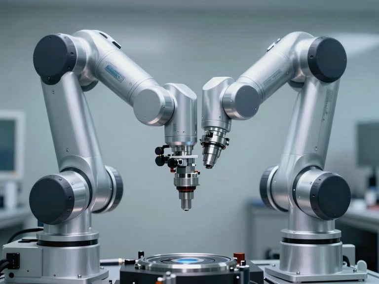 Automated robotic arm operating in a cleanroom environment, high-contrast metallic surfaces, sharp focus, 35mm