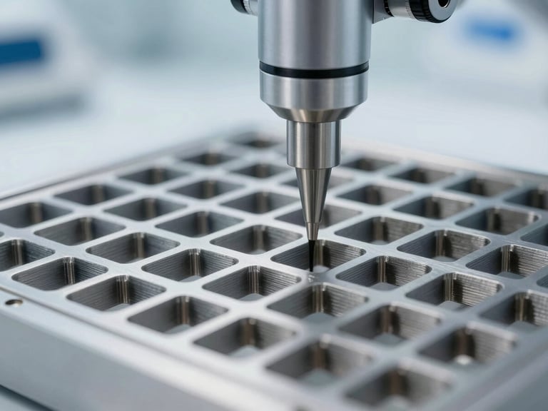 Macro shot of 3D-printed metal lattice structure next to automated robotic nozzle, clinical studio lighting, cool metallic tones, 35mm