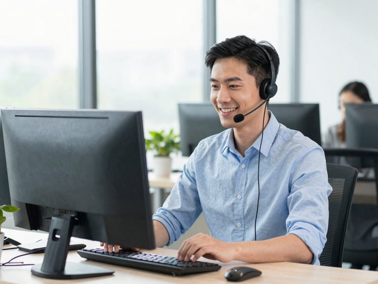 Professional customer support agent smiling while looking at a monitor, clean office environment, bright daylight, blue and green tones, sharp focus, modern corporate.