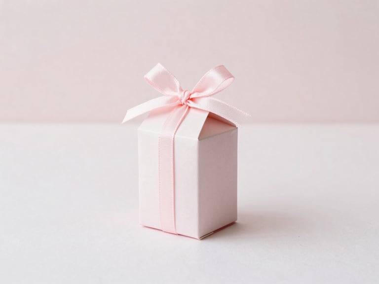 Small, centered product shot of a delicate pale pink and white children's party favor box with a subtle ribbon, soft natural light, minimalist composition.