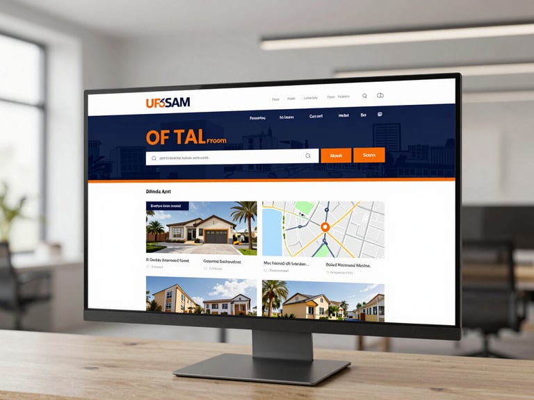 A wide screen displaying a modern real estate web portal, showing high-resolution property listings and an integrated map, clean layout