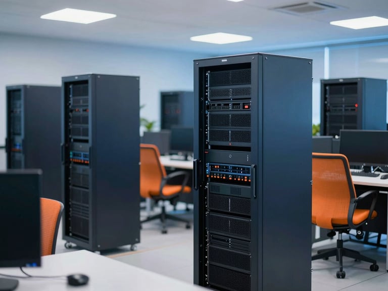 A clean corporate tech workspace in Mohali, bright office lighting with cool blue ambient tones, high-end server racks blurred in the background, 35mm