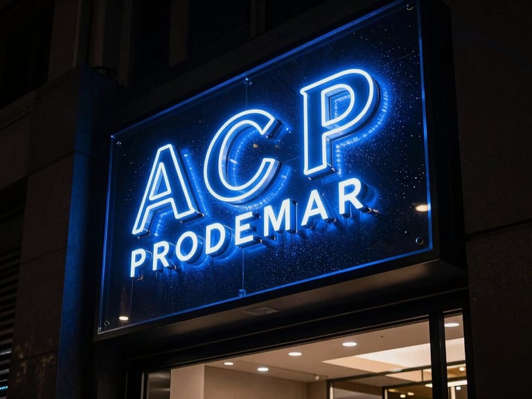 A dramatic night-time shot of a premium retail storefront in Hyderabad with a glowing 3D acrylic sign board, electric blue LED light spilling onto structural ACP backing, high contrast, 35mm lens