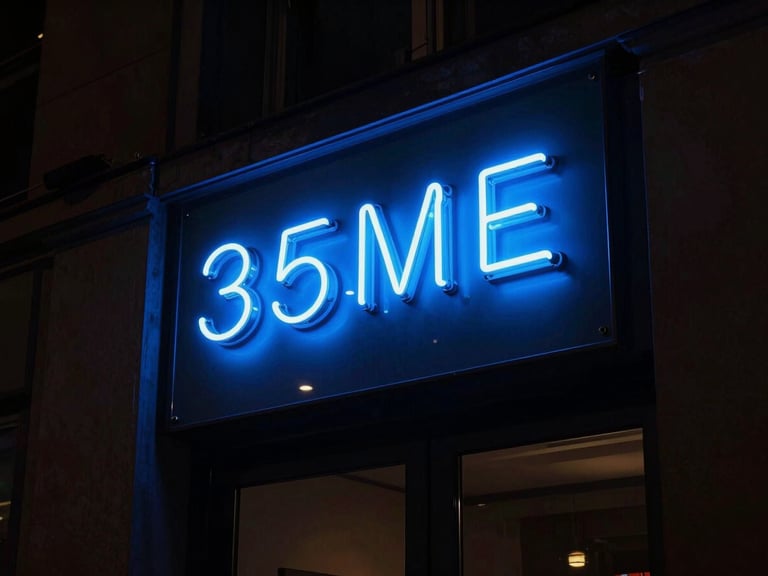 Dramatic night-time architectural photography of a glowing electric blue 3D acrylic storefront sign, deep shadows, high-contrast, 35mm lens