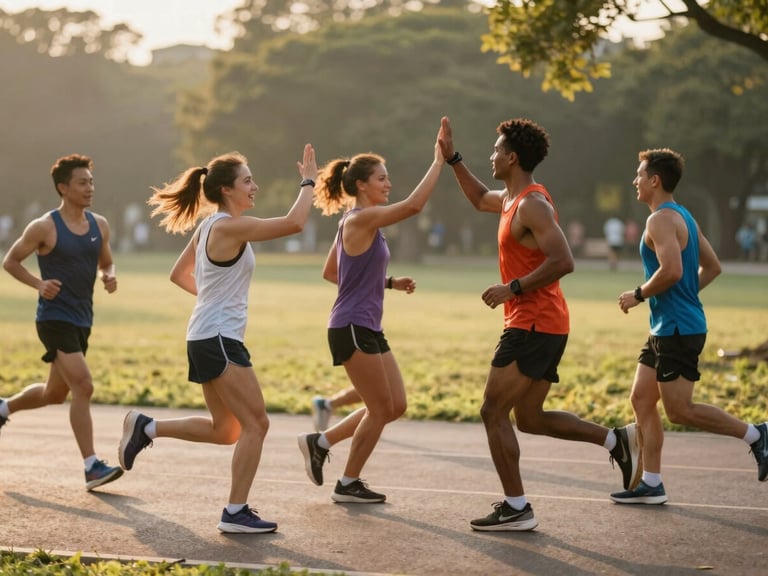 Wide dynamic sports photography of a diverse group of runners high-fiving during a morning run in a park, golden hour light, motion blur, athletic energy