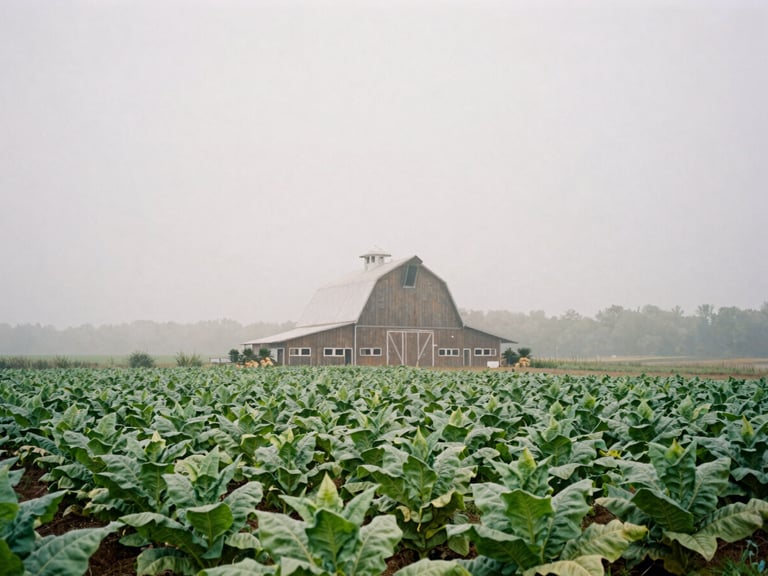 Wide landscape shot of a historic tobacco barn in Southern Maryland, soft morning mist rising from the field, muted greens and grays, documentary photography