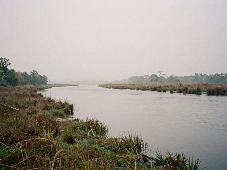 Wide angle 35mm photograph of a quiet marshy river shoreline in Southern Maryland, soft overcast morning mist, desaturated earth tones.