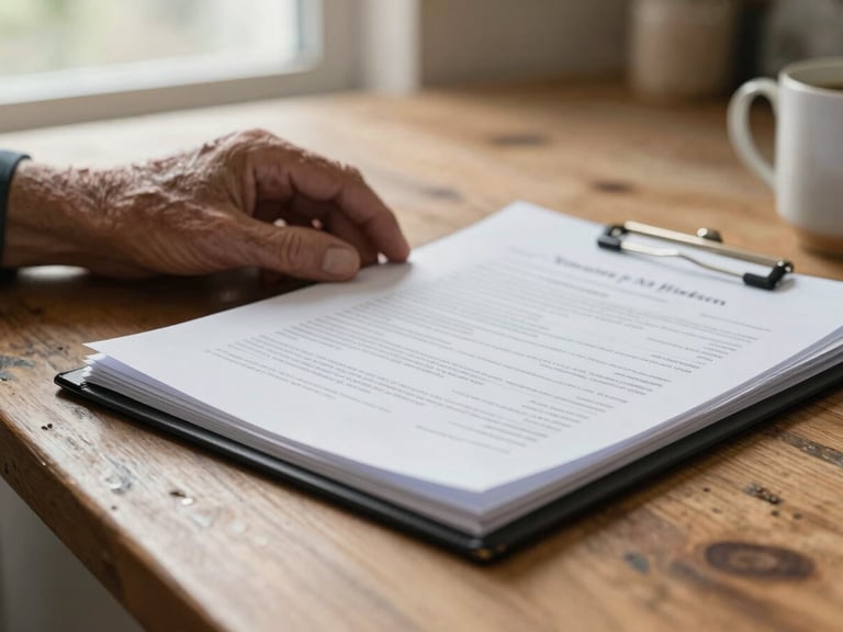 Close-up of older hands resting on a kitchen table beside a manila folder of documents, soft north-facing window light falling across worn wooden surface, a ceramic coffee mug visible at the edge of frame