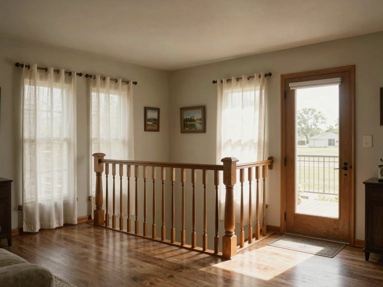 Wide interior shot of a modest Texas living room with a wide doorway and wooden handrail installed along the hallway, afternoon light through gauze curtains, no people, home details suggesting thoughtful accessibility modification