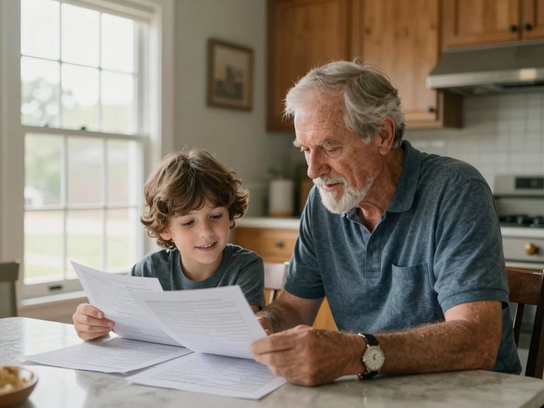 An older adult and adult child seated at a kitchen table, reviewing printed papers together, natural daylight from a side window, relaxed and unhurried posture, suburban Texas home interior visible in background