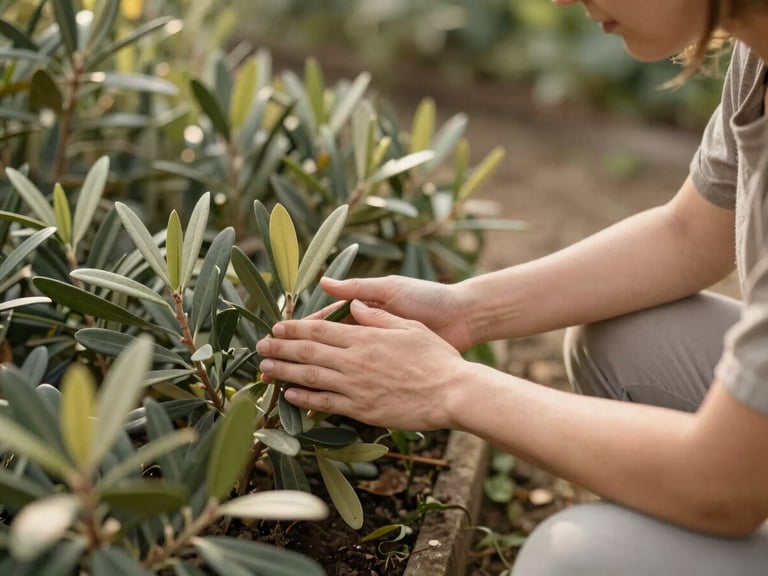 A caregiver gently guiding a patient through a lush garden path, hands visible, warm editorial photography, soft natural morning light, earthy tones and olive greens, shallow depth of field, 35mm lens
