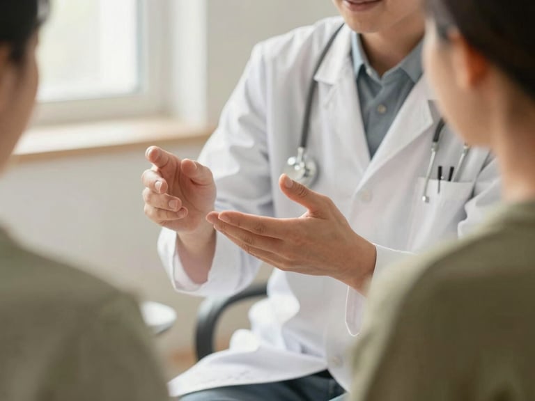 Close-up of a doctor gently explaining something to a family member, hands visible, in a bright, modern clinical setting, warm editorial photography, soft natural morning light, earthy tones and olive greens, shallow depth of field, 35mm lens