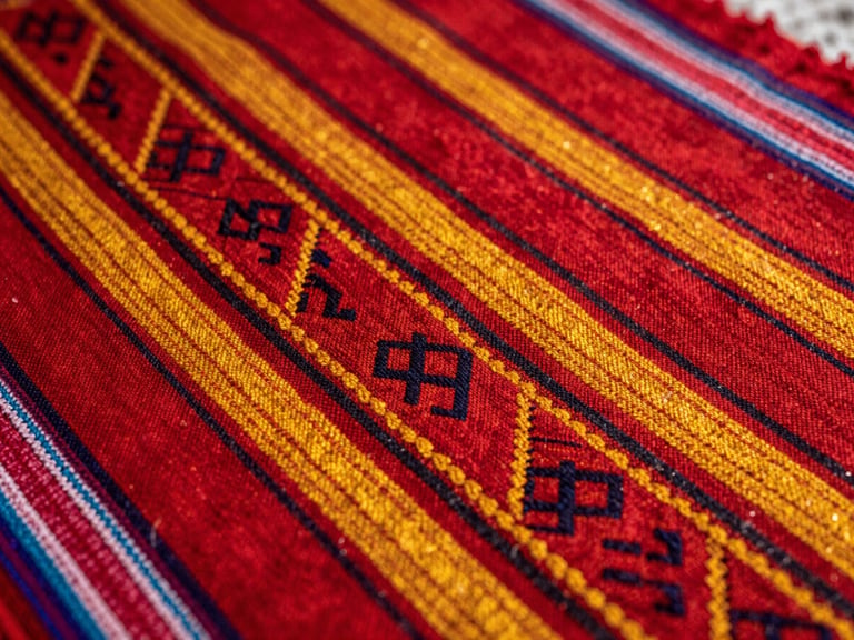 Close-up of vibrant traditional Bolivian aguayo textile, focusing on the intricate hand-woven geometric patterns and rich red and yellow threads under soft natural light