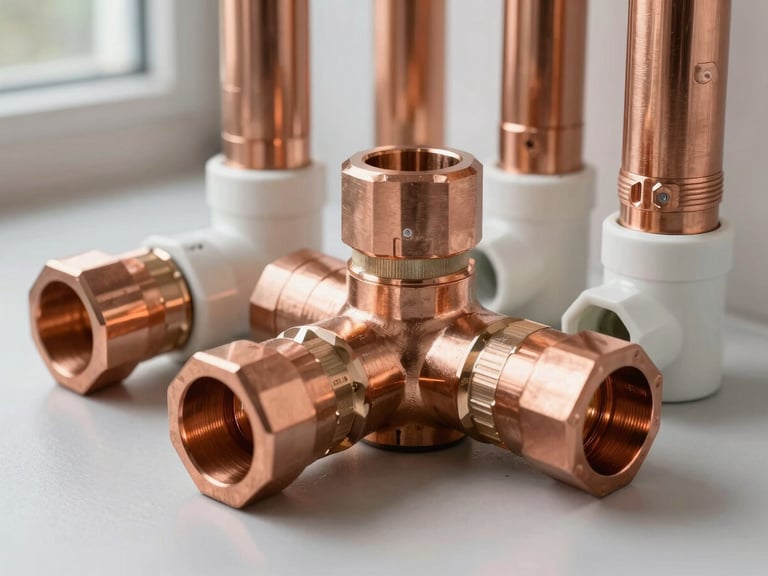 Pristine copper and PVC pipe junctions in a modern utility room, bright daylight, high-clarity technical composition showing clean engineered fittings.
