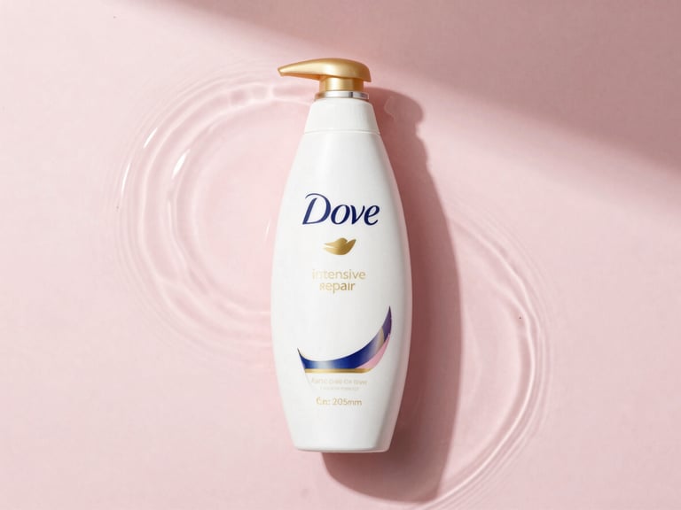 Elegant top-down flat lay of Dove intensive repair shampoo bottle, soft water ripples, delicate pink background, natural window light, 35mm