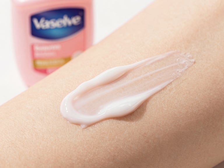 Close-up of Vaseline body lotion texture being applied to soft skin, gentle shadows, warm morning glow, clean composition, 35mm