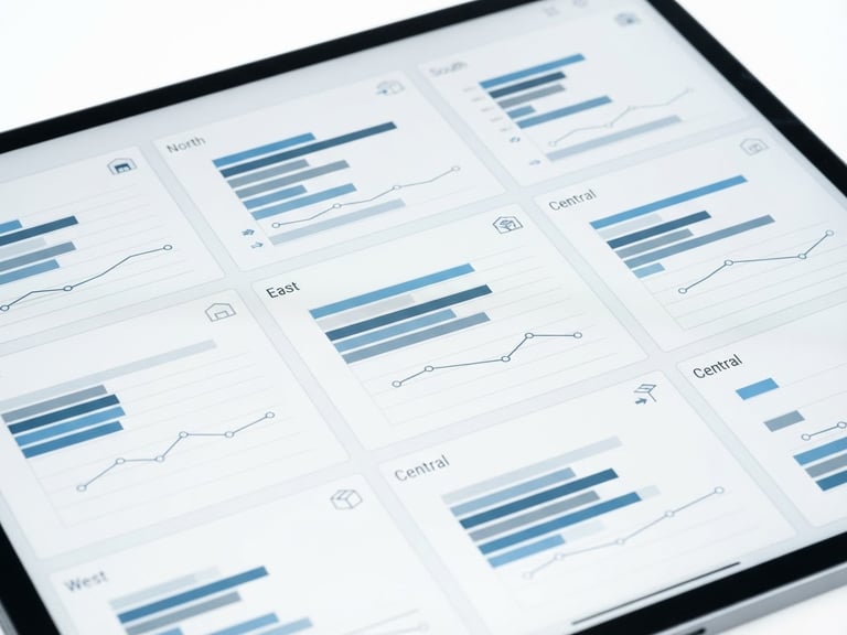 Bright high-key product photography, clean white background, crisp studio light, sharp focus, minimalist tech aesthetic. A straight-on macro shot of a sleek ERP dashboard interface displaying real-time multi-branch inventory levels.