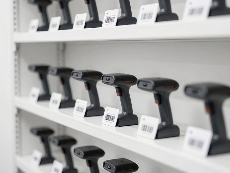 Bright high-key clean studio shot of organized warehouse shelving with barcode scanners and digital inventory tags, minimalist tech aesthetic