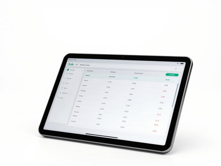 Sharp straight-on macro shot of a sleek POS tablet displaying real-time inventory charts, bright high-key studio light, clean white background, minimalist tech aesthetic