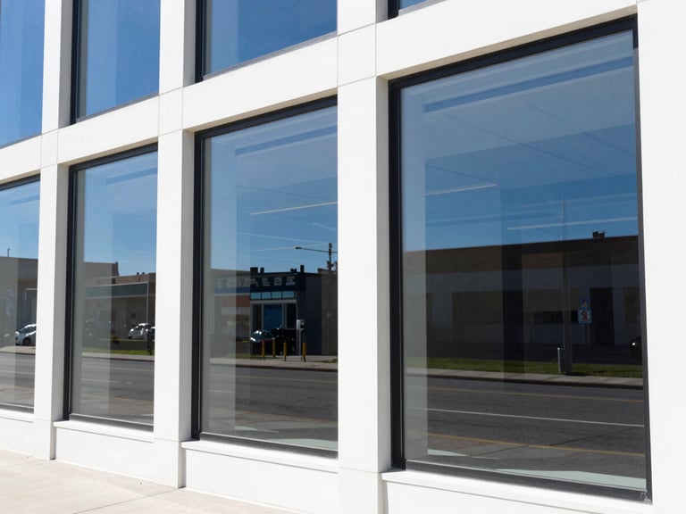 Wide shot of a modern commercial storefront with sparkling, clean windows reflecting the blue sky and street, sharp architectural lines, high contrast