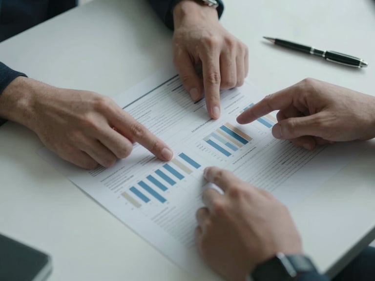 Close-up overhead of hands pointing at printed analytics report on a minimal white desk, cool even diffused lighting, a pen resting nearby, no faces visible, data charts clearly readable on paper
