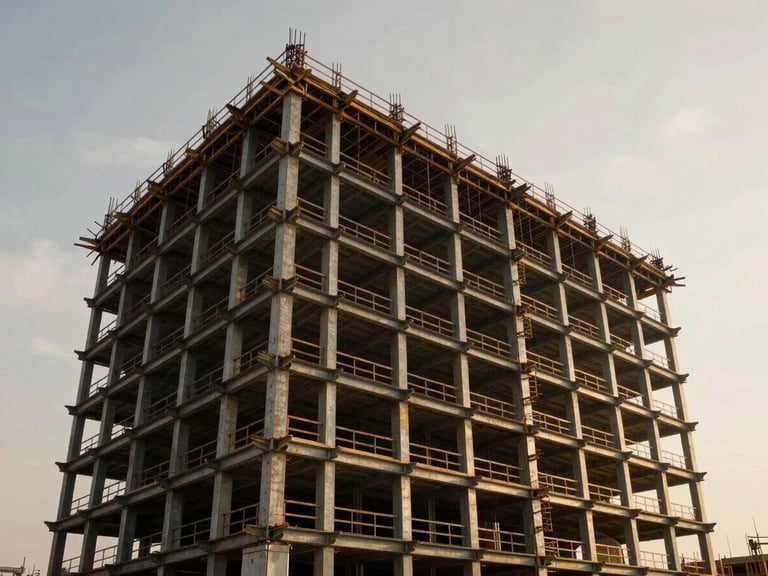 Wide shot of structural steel being erected on a large construction site under an overcast sky, low-angle shot, cinematic industrial photography, desaturated steel and amber tones, 35mm