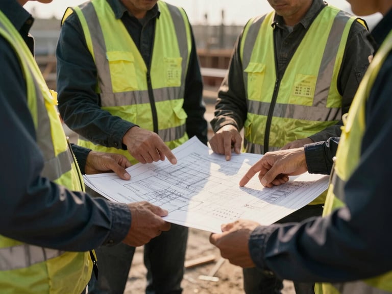 Close-up of engineers in high-visibility gear reviewing blueprints on a construction site, low-sun high-contrast light, hands pointing at plans, cinematic industrial photography, desaturated steel and amber tones, 35mm