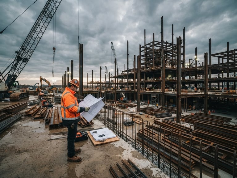 Wide panoramic view of a heavy civil construction site at dawn, structural steel beams rising against an overcast sky, a lone engineer in high-vis gear reviewing plans in the foreground, desaturated steel and amber tones, 35mm