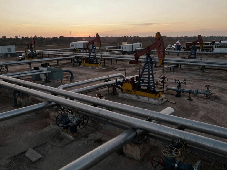 Aerial view of a complex network of oil pipelines stretching across an industrial landscape at dawn, high contrast, cinematic industrial photography, desaturated steel and amber tones, 35mm