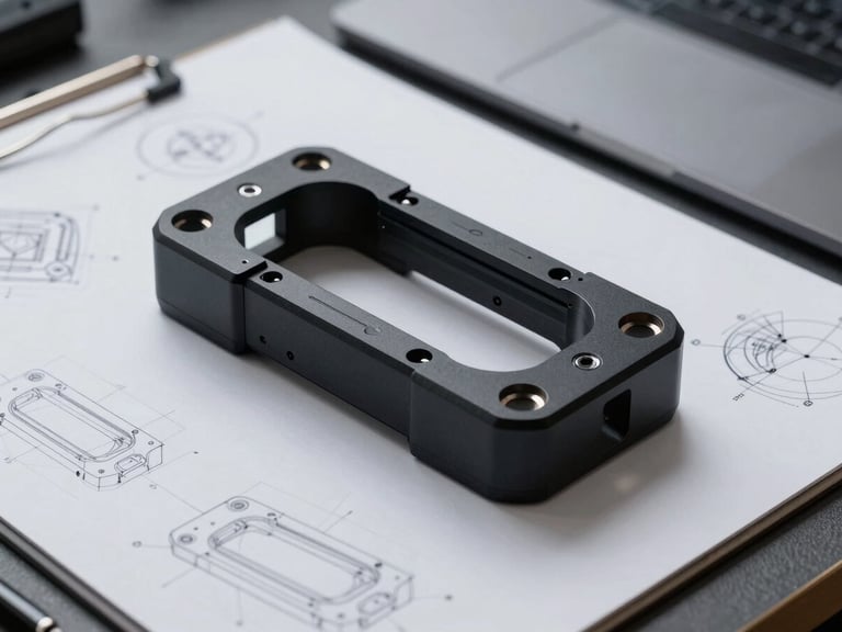 A designer's workspace with a finished high-precision matte black polymer mechanical part resting next to a drawing tablet and technical sketches, cool metallic tones.