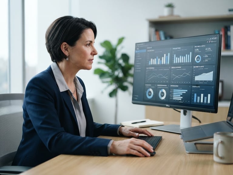 Medium close-up of an academic coordinator reviewing clean dashboard statistics on a high-resolution monitor, cool daylight, slate tones, sharp focus, 35mm lens