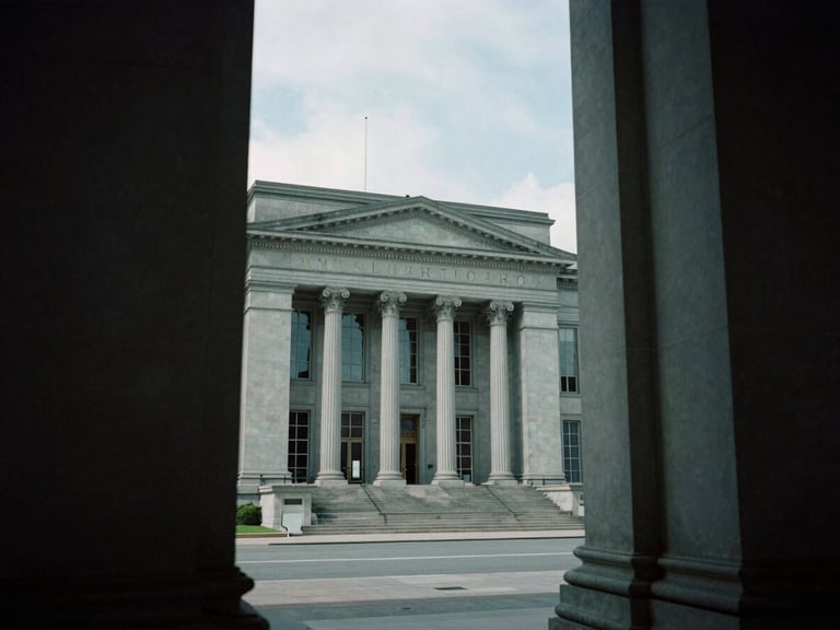 Distant architectural framing of a monumental civic institution, cool overcast daylight, deep shadows, desaturated sage tones, 35mm film.