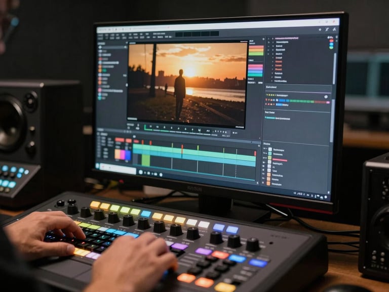 Close-up of a color-grading suite in a darkened edit bay, large reference monitor displaying a warm filmic frame, colorist's hands on a control surface in foreground, ambient glow of the monitor on surrounding equipment, precise and working atmosphere