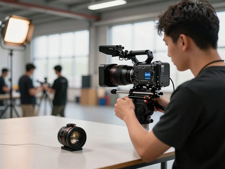 Behind-the-scenes frame on a commercial ad shoot — a camera operator tracking a sports product close-up on a hard surface, natural warehouse light with a practical amber fill, equipment and crew visible in background