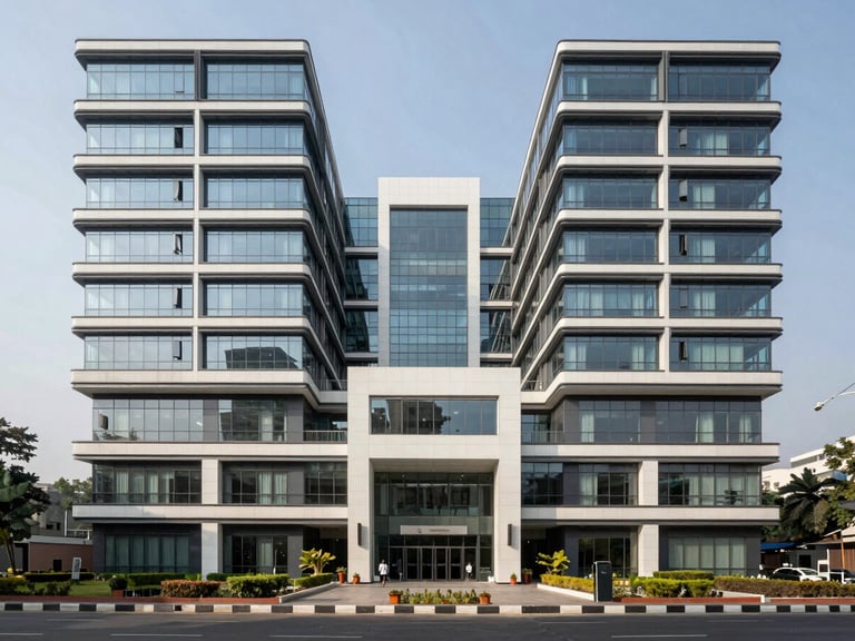 Wide architectural shot of a modern, organized Indian office hub in New Delhi, featuring clean lines, natural light, and structural symmetry.