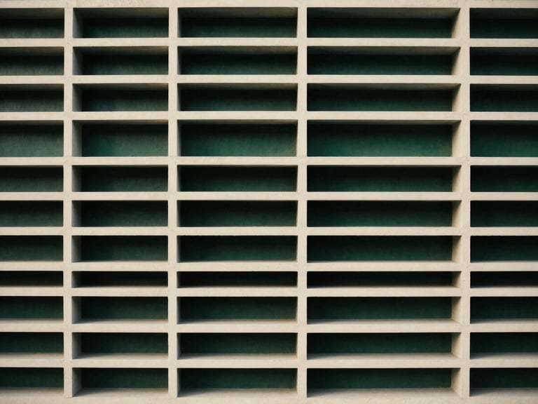 Abstract geometric composition representing structural order and alignment, with clean architectural lines in deep forest green and cream tones.