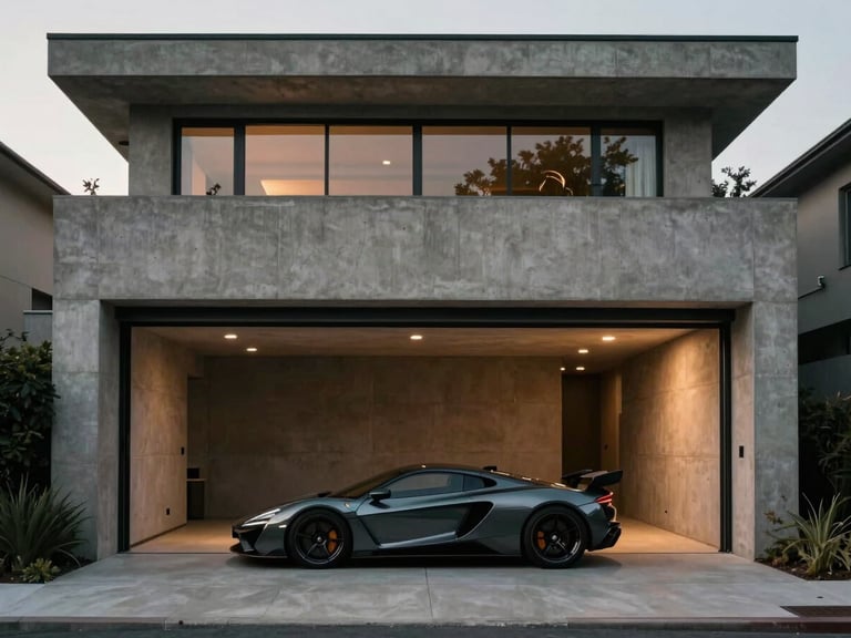 Symmetrical architectural shot of a modern concrete villa garage, showcasing a sleek dark hypercar illuminated by soft warm recessed lighting