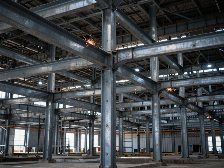 Wide shot of a massive industrial warehouse frame under construction, heavy steel beams, high contrast industrial lighting, cool steel tones, 35mm