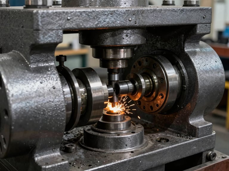 Close-up of a heavy-duty jaw crusher's internal mechanism, worn components being replaced, high-contrast workshop lighting, cool steel tones, sharp focus, 35mm