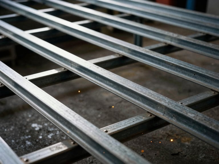 Close-up of a newly installed steel mezzanine floor in a factory, strong geometric lines, high-contrast workshop lighting, 35mm