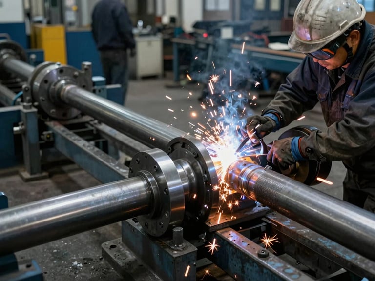 Wide shot of a heavy-duty conveyor system drive shaft being fabricated, engineers welding, sparks, industrial workshop, cool steel tones, high contrast, 35mm